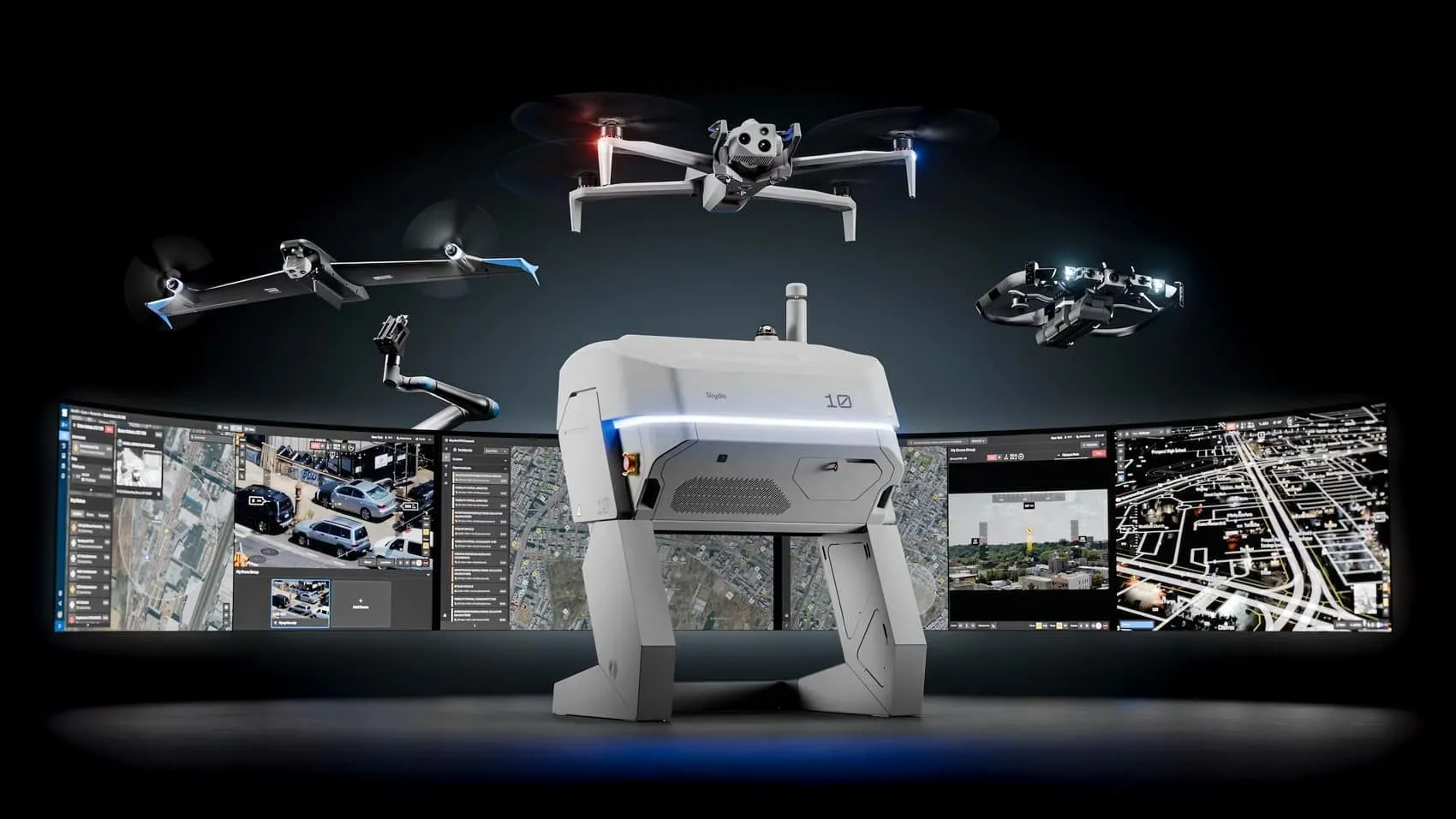 Autonomous drone dock and command screens used for infrastructure inspection.