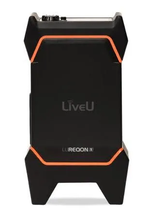 Black LiveU REQON bonded-cellular field transmission unit with orange trim